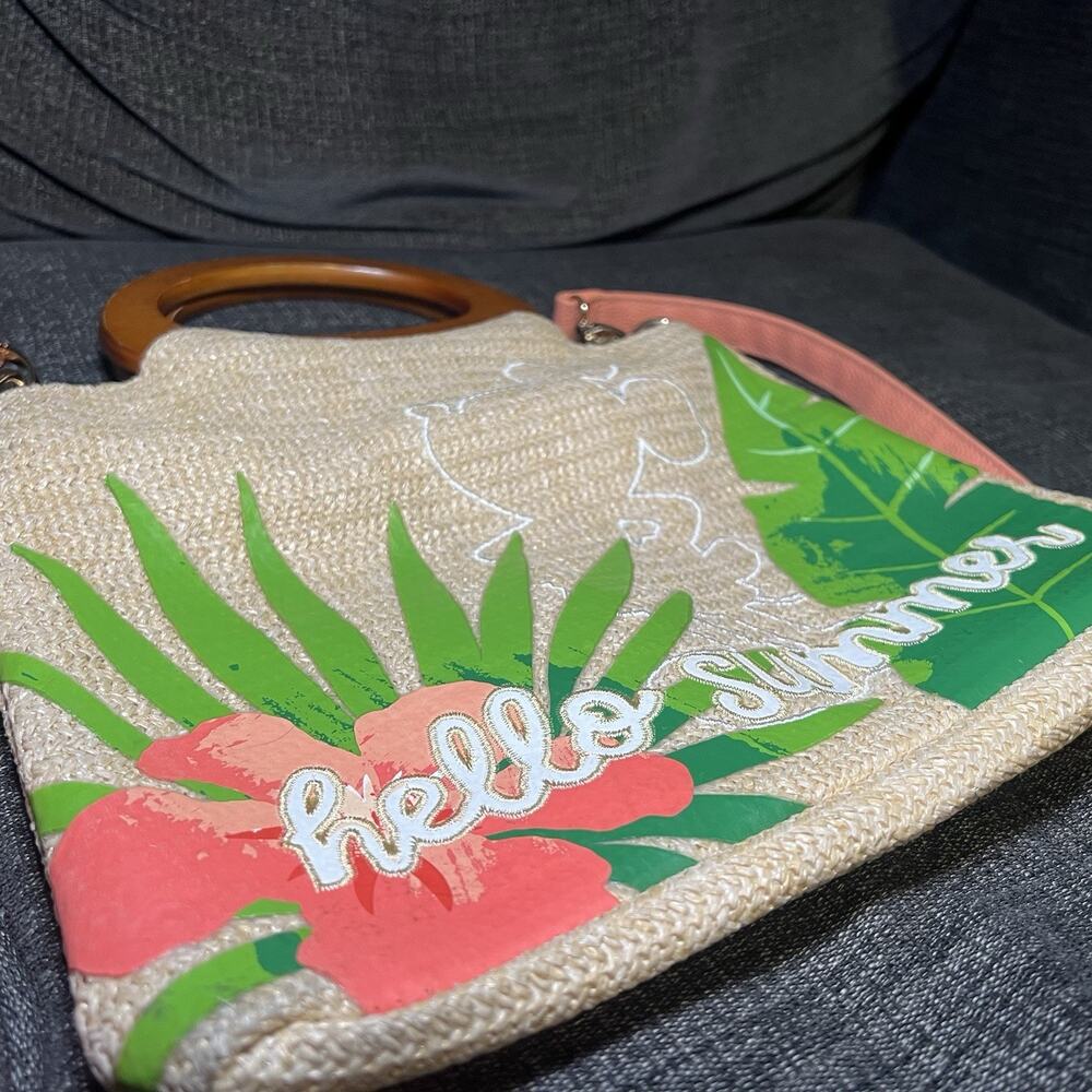 Disney Parks Tropical Hello Summer Mickey Raffia Crossbody Tote Bag Wooden - Picture 3 of 11